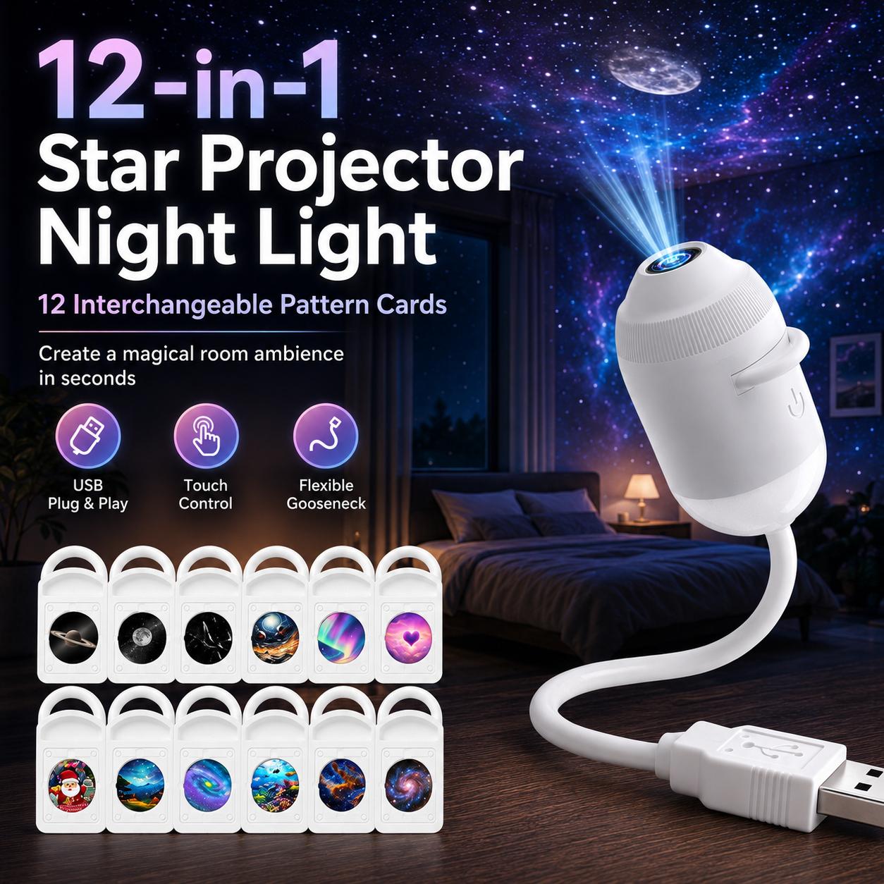 ✨Flexible Gooseneck Star Projector Lamp, USB Powered Galaxy Night Light with Swapable Pattern Cards, Kids Anti-fear Dark Light, Home & Car Decor, Birthday Present