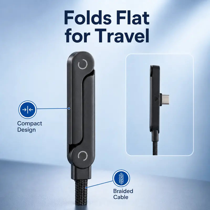⚡ 240W Fast Charging Cable — 2-in-1 Foldable Phone Stand, 90° Elbow Braided USB-C Cord