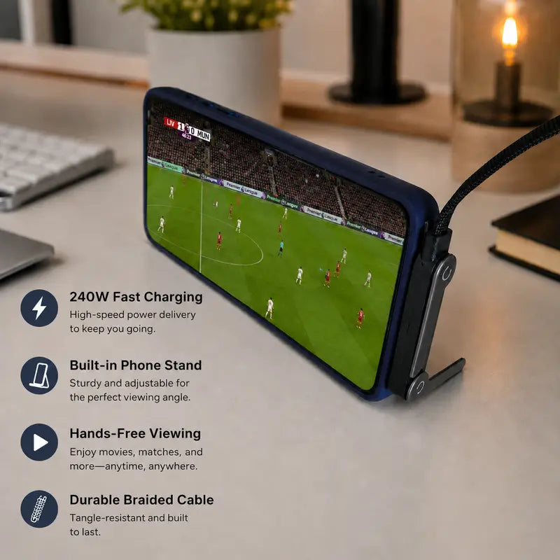 ⚡ 240W Fast Charging Cable — 2-in-1 Foldable Phone Stand, 90° Elbow Braided USB-C Cord