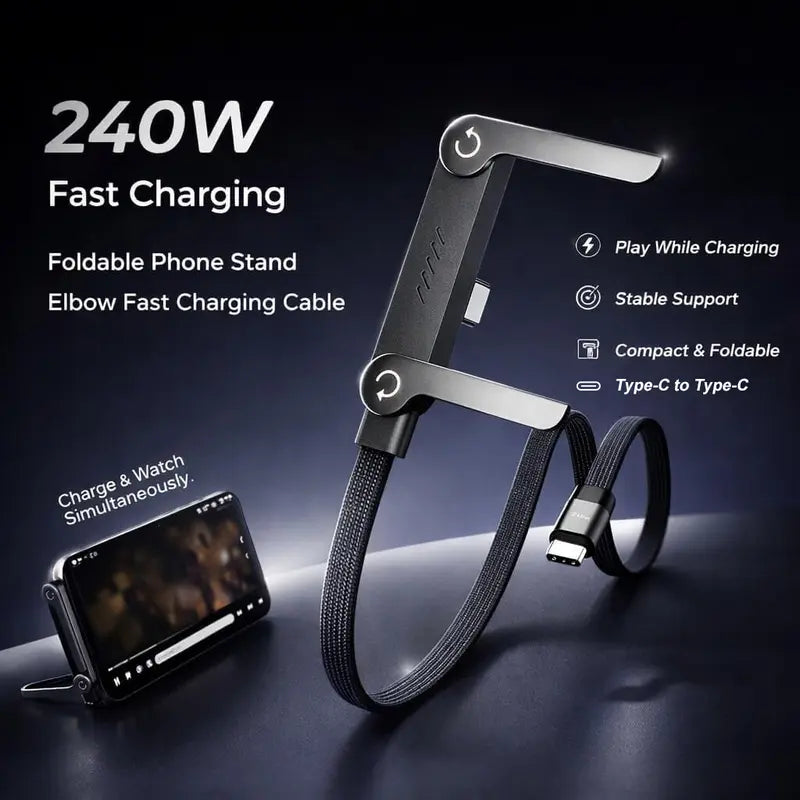 ⚡ 240W Fast Charging Cable — 2-in-1 Foldable Phone Stand, 90° Elbow Braided USB-C Cord