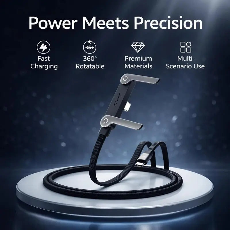 ⚡ 240W Fast Charging Cable — 2-in-1 Foldable Phone Stand, 90° Elbow Braided USB-C Cord
