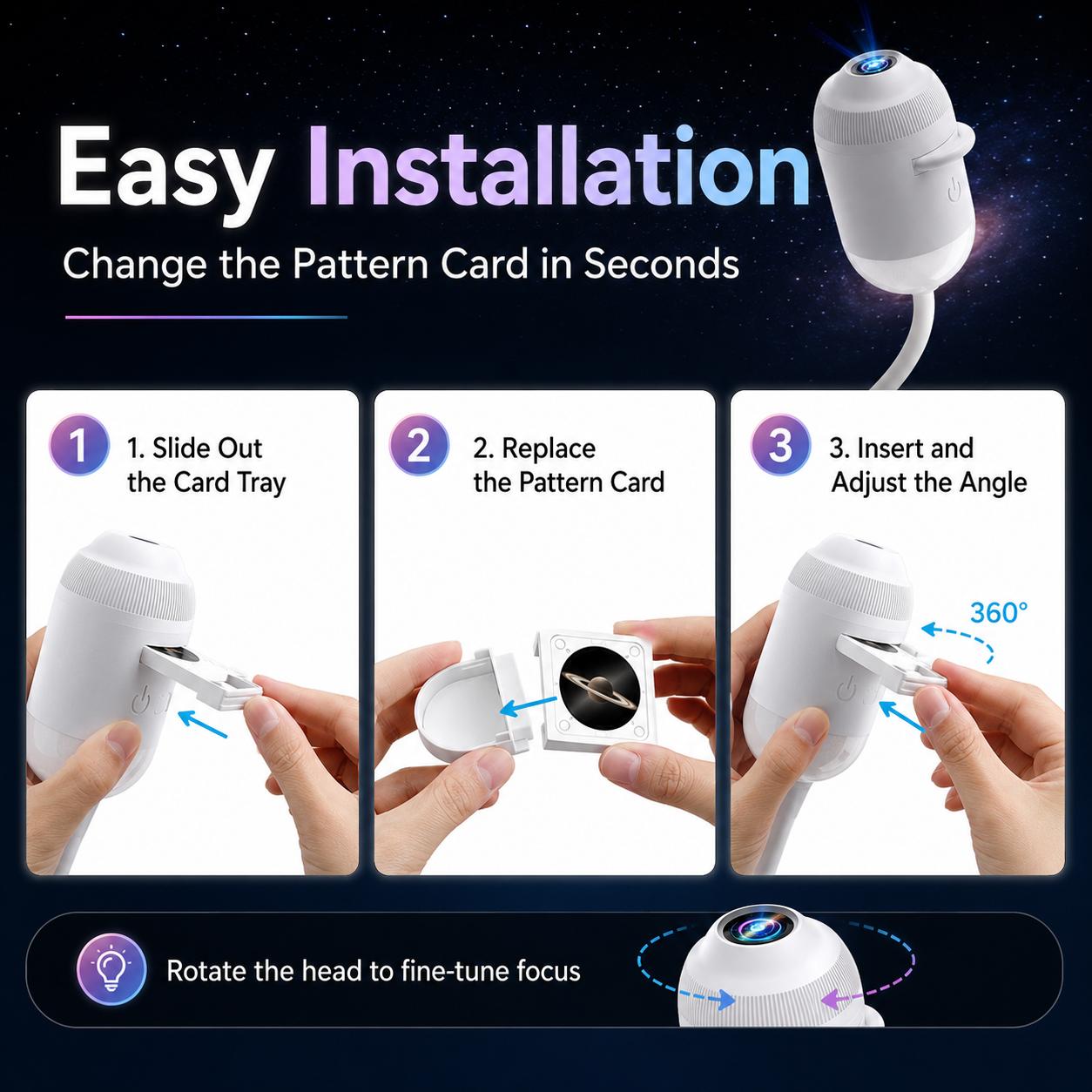 ✨Flexible Gooseneck Star Projector Lamp, USB Powered Galaxy Night Light with Swapable Pattern Cards, Kids Anti-fear Dark Light, Home & Car Decor, Birthday Present