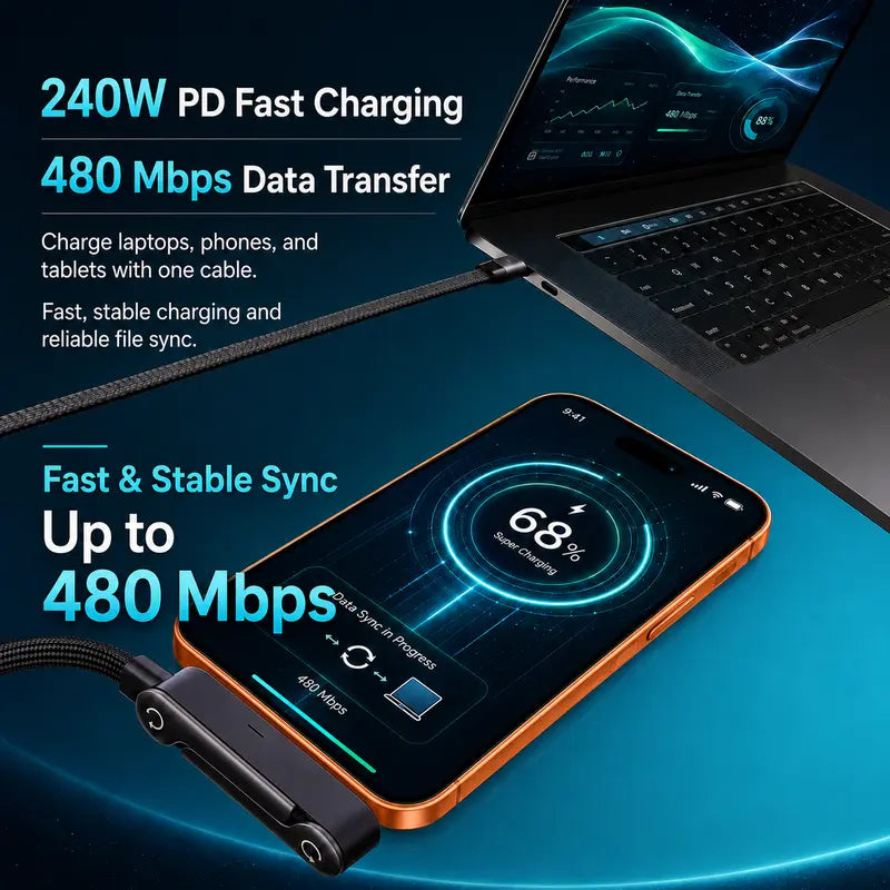 ⚡ 240W Fast Charging Cable — 2-in-1 Foldable Phone Stand, 90° Elbow Braided USB-C Cord