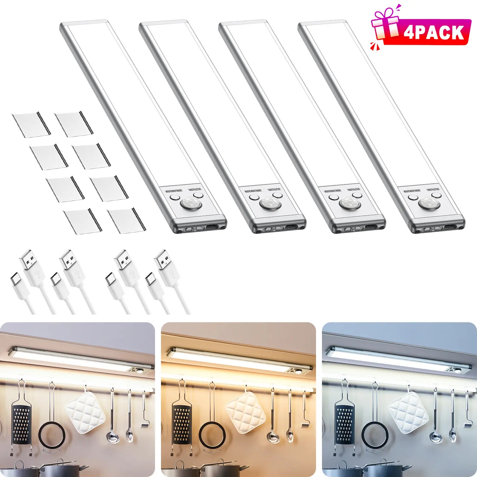 ✨Motion Sensor Under Cabinet Lights,1500mAh USB Rechargeable Night Light Indoor,Magnetic Mount Dimmable Closet Light for Kitchen,Wardrobe,Pantry,Bathroom,Stairs,Sink Cabinet,Garage