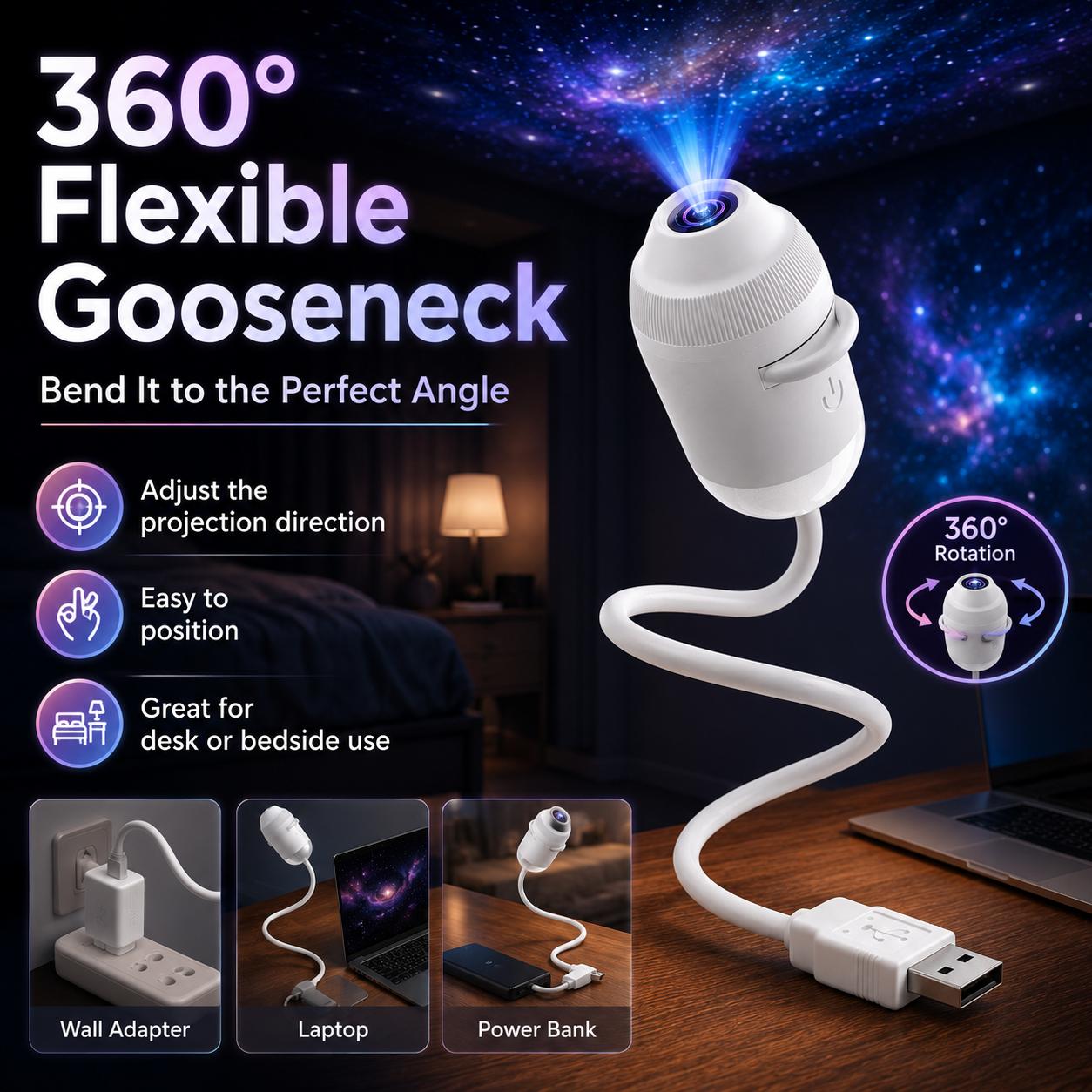 ✨Flexible Gooseneck Star Projector Lamp, USB Powered Galaxy Night Light with Swapable Pattern Cards, Kids Anti-fear Dark Light, Home & Car Decor, Birthday Present