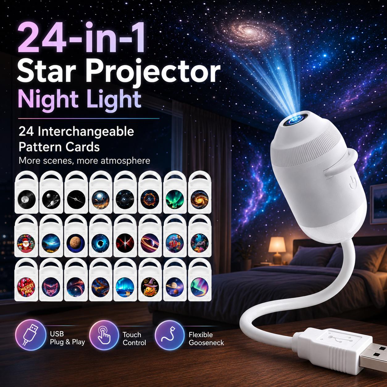 ✨Flexible Gooseneck Star Projector Lamp, USB Powered Galaxy Night Light with Swapable Pattern Cards, Kids Anti-fear Dark Light, Home & Car Decor, Birthday Present