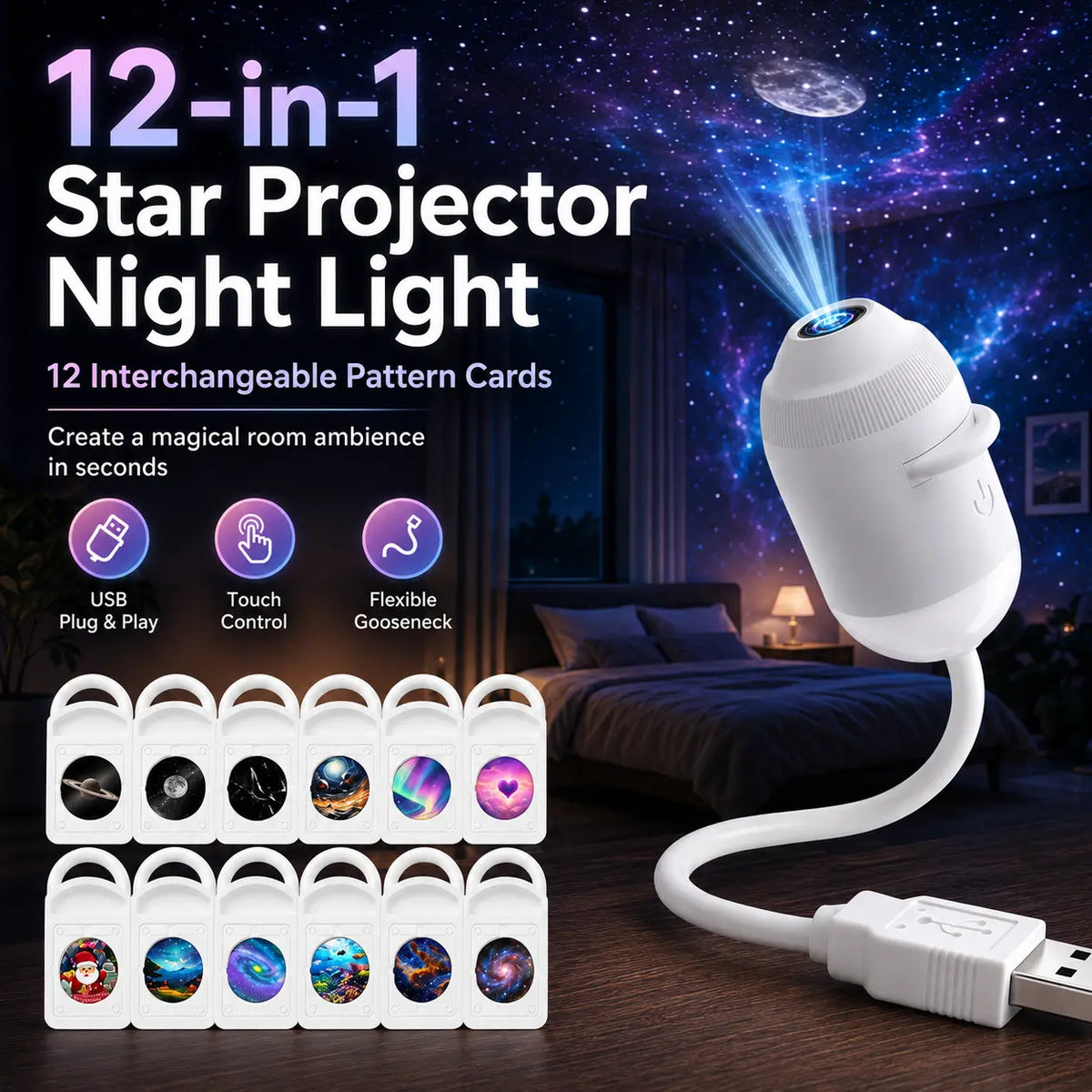 ✨Flexible Gooseneck Star Projector Lamp, USB Powered Galaxy Night Light with Swapable Pattern Cards, Kids Anti-fear Dark Light, Home & Car Decor, Birthday Present